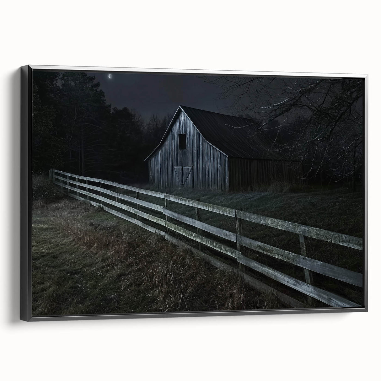 Landscape barn framed canvas artwork showcasing a serene rural scene with rich colors and intricate details, designed to enhance home decor and evoke tranquility.