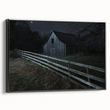 Landscape barn framed canvas artwork showcasing a serene rural scene with rich colors and intricate details, designed to enhance home decor and evoke tranquility.