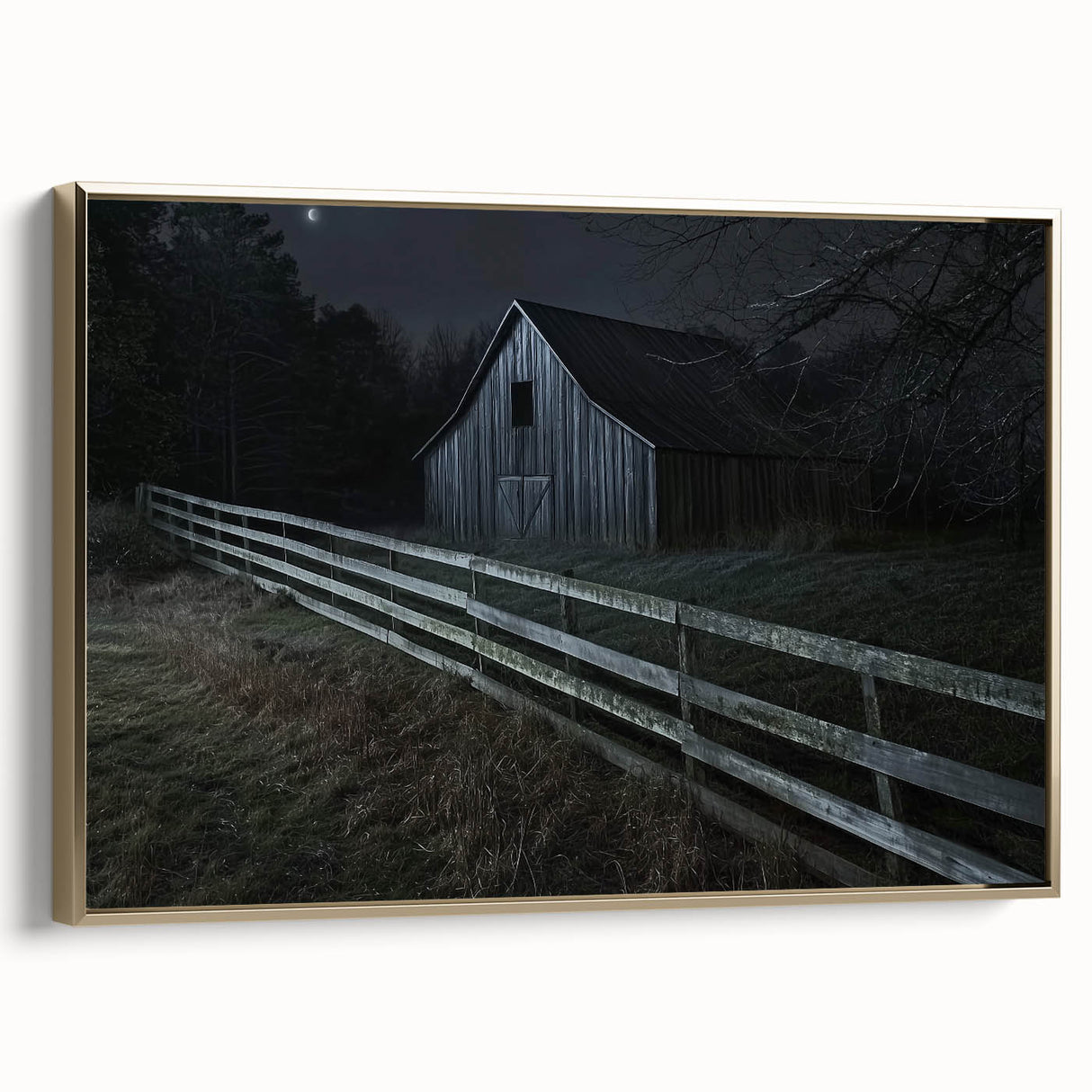 Framed landscape canvas artwork depicting a rustic barn scene with vibrant colors, featuring a gold frame, perfect for farmhouse decor and enhancing interior aesthetics.