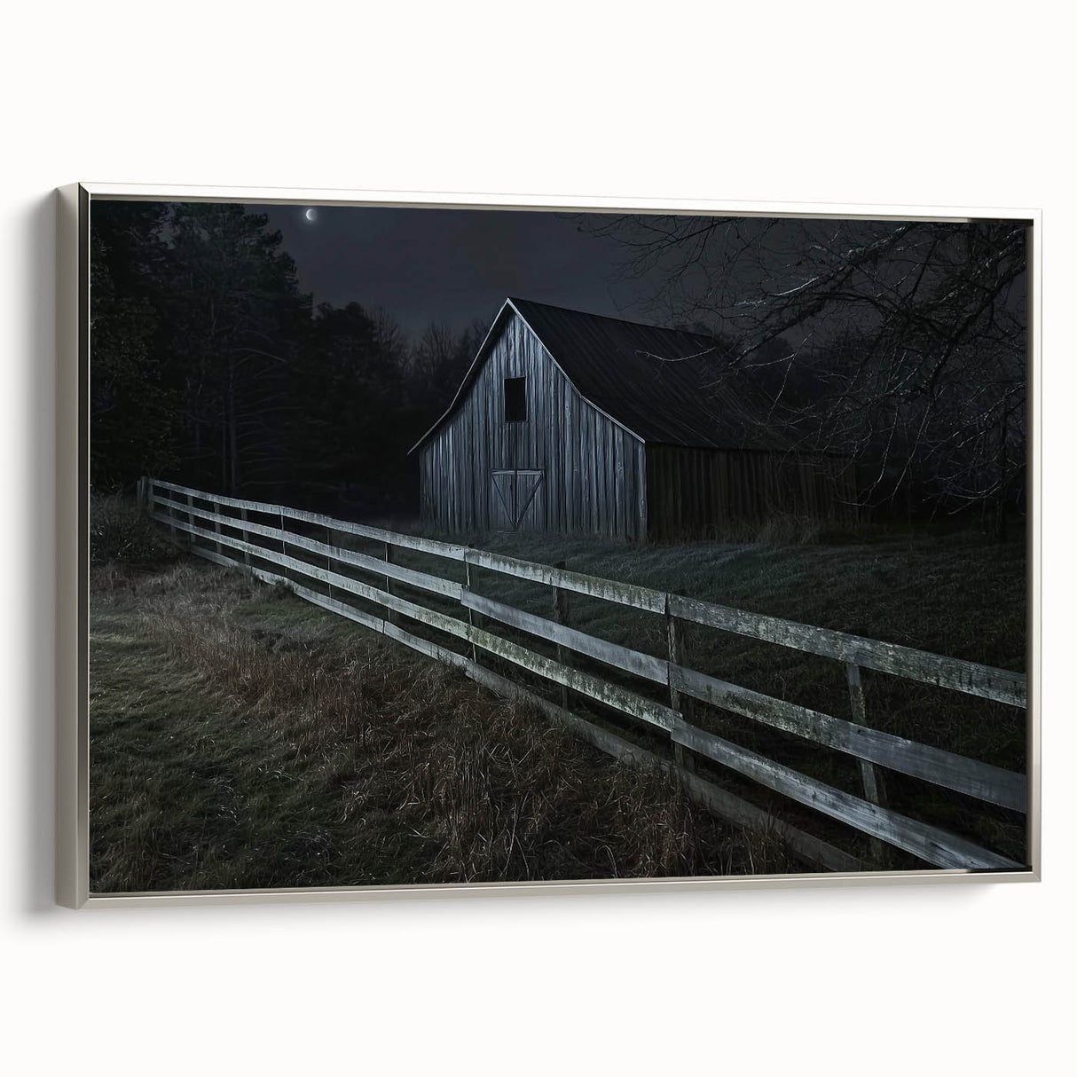 Landscape barn framed canvas art showcasing a serene rural scene with vibrant colors, set against a silver frame, ideal for home decor enthusiasts.