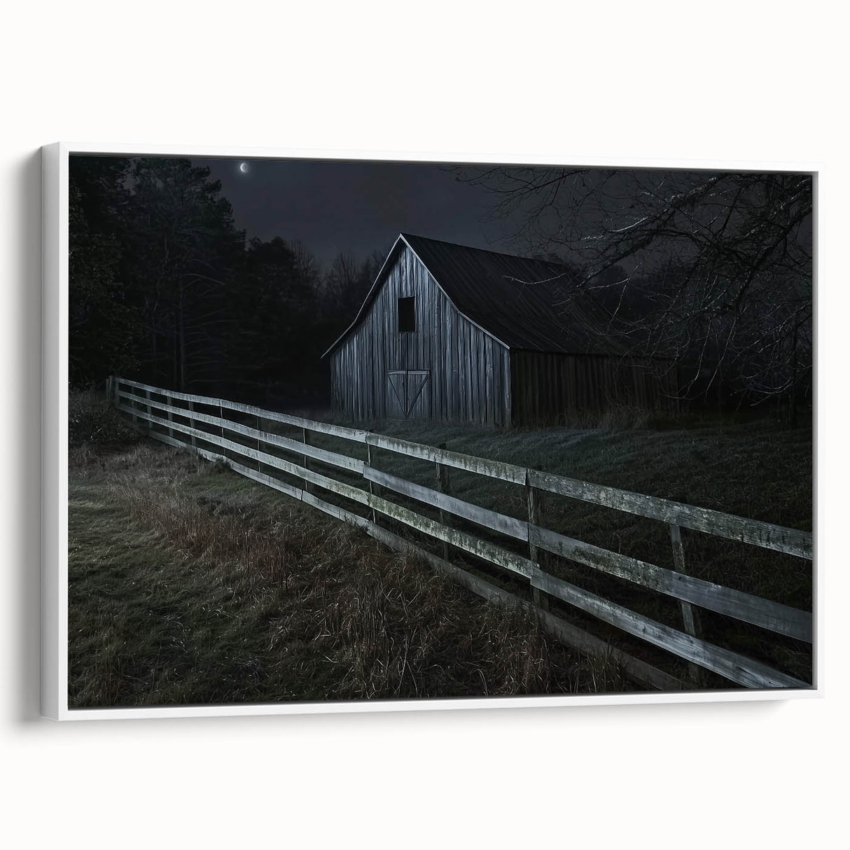 Landscape barn framed canvas artwork showcasing a serene rural scene, featuring vibrant colors and intricate details, ideal for home decor or office styling.