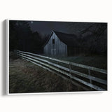 Landscape barn framed canvas artwork showcasing a serene rural scene, featuring vibrant colors and intricate details, ideal for home decor or office styling.