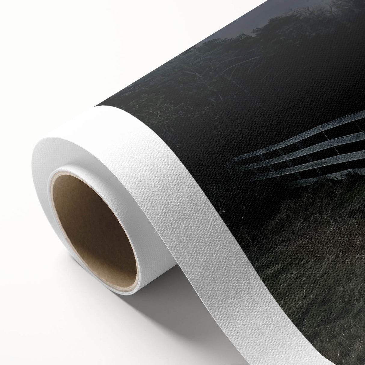 Rolled canvas featuring a vibrant landscape barn design with rich colors and detailed textures, securely packaged in a protective cardboard tube for easy transport and display.