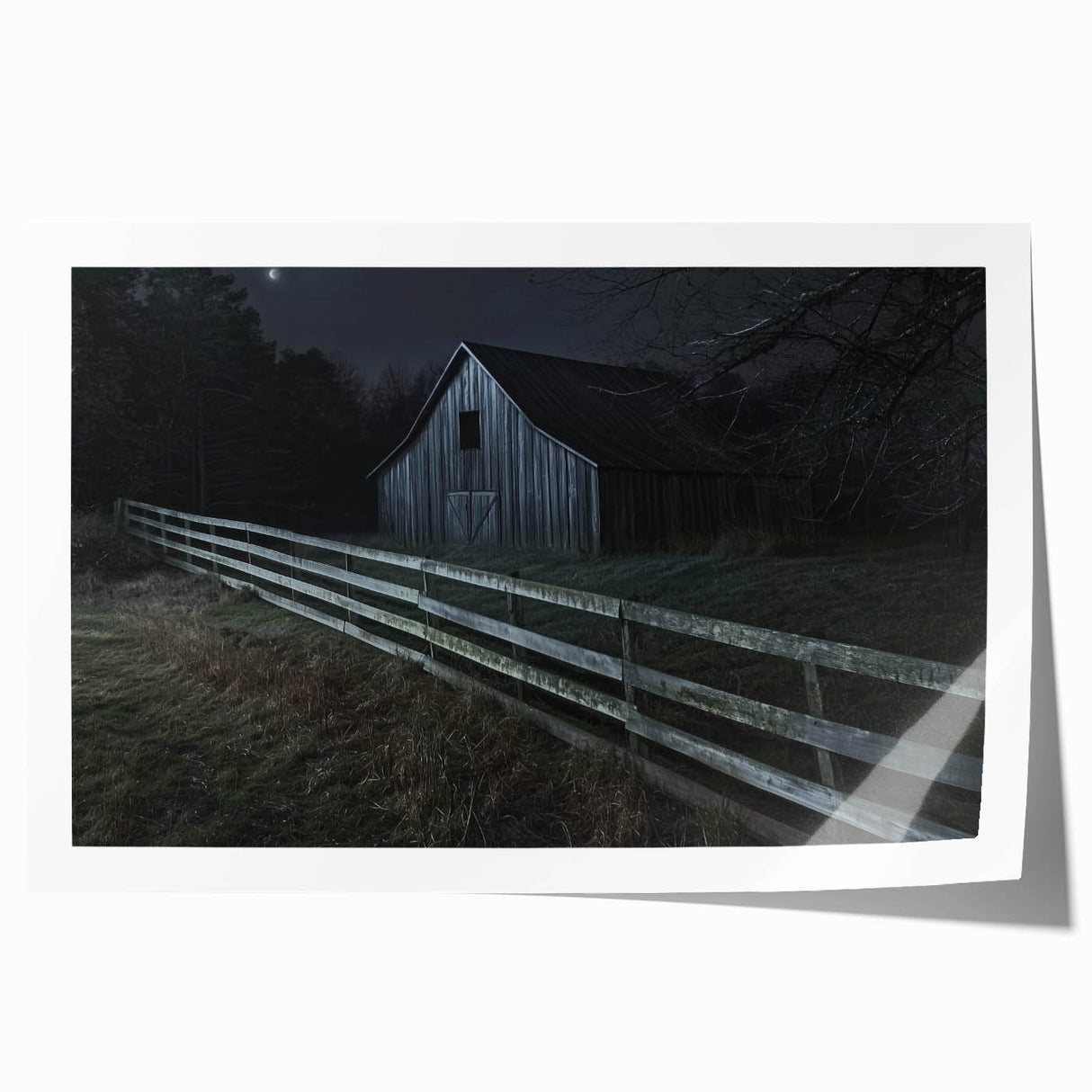 Rolled landscape barn art print showcasing rustic charm with vibrant colors, packaged securely in a protective cardboard tube for easy transport and display.