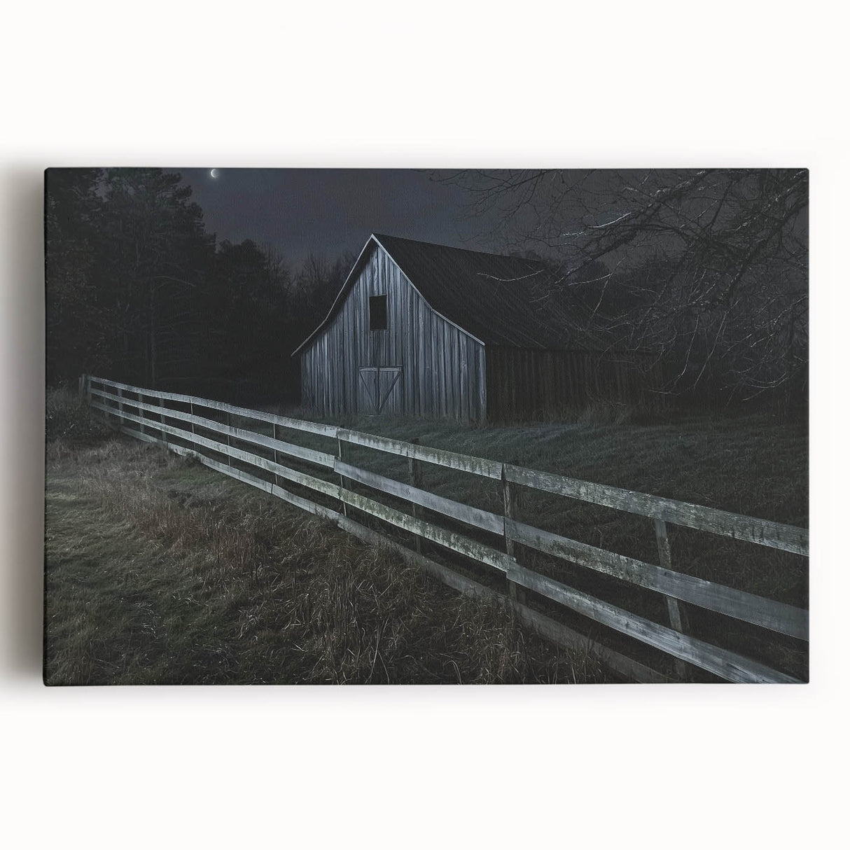Landscape canvas artwork depicting a serene barn scene with lush greenery and a vibrant sky, perfect for home decor. Ideal for rustic themes and nature lovers.