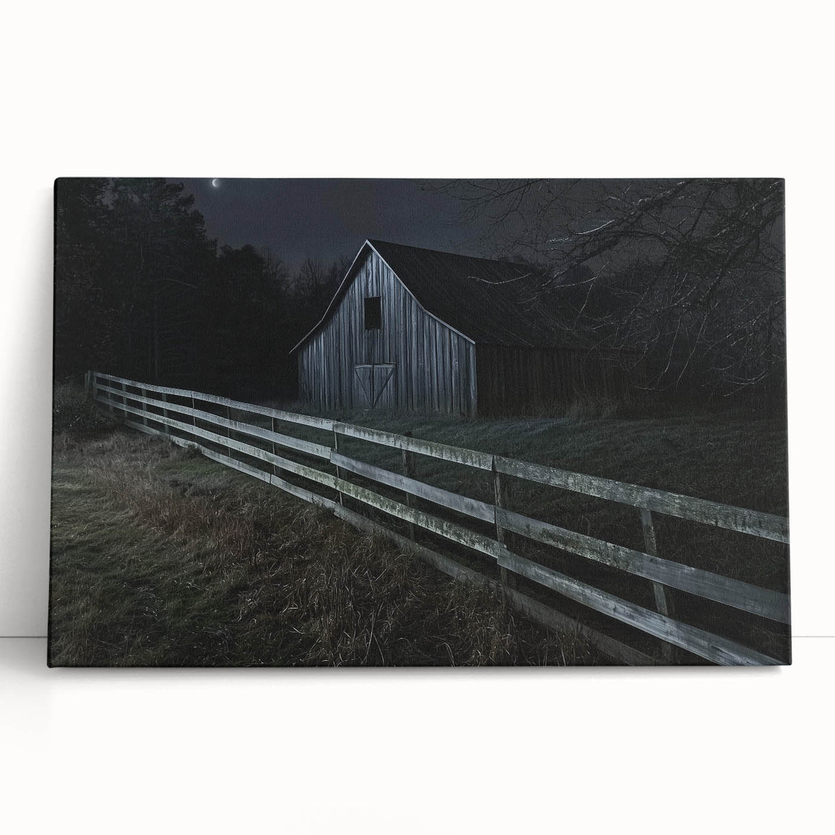 Stretched canvas artwork depicting a serene landscape featuring a rustic barn surrounded by lush greenery, ideal for home decoration and enhancing interior aesthetics.