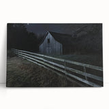 Stretched canvas artwork depicting a serene landscape featuring a rustic barn surrounded by lush greenery, ideal for home decoration and enhancing interior aesthetics.