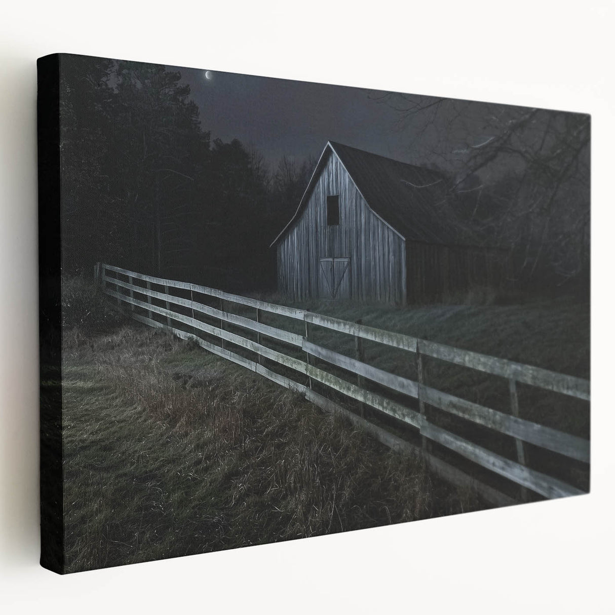 Stretched canvas artwork depicting a scenic barn landscape, showcasing vibrant colors and intricate details, ideal for home decor or rustic-themed settings.