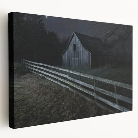 Stretched canvas artwork depicting a scenic barn landscape, showcasing vibrant colors and intricate details, ideal for home decor or rustic-themed settings.