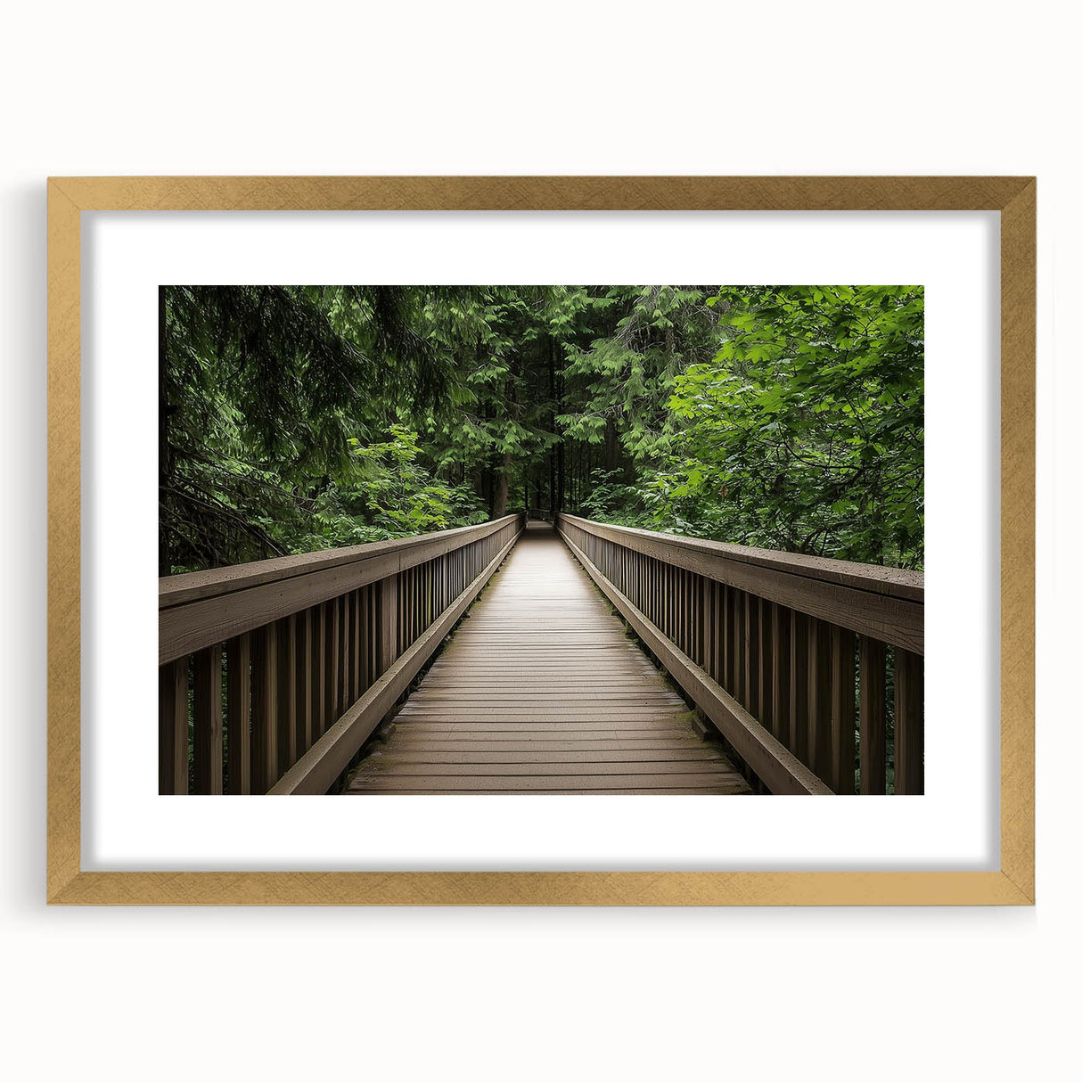 Elegant gold landscape bridge frame with a mat, showcasing a front view of intricate design elements, perfect for enhancing home decor and art displays.