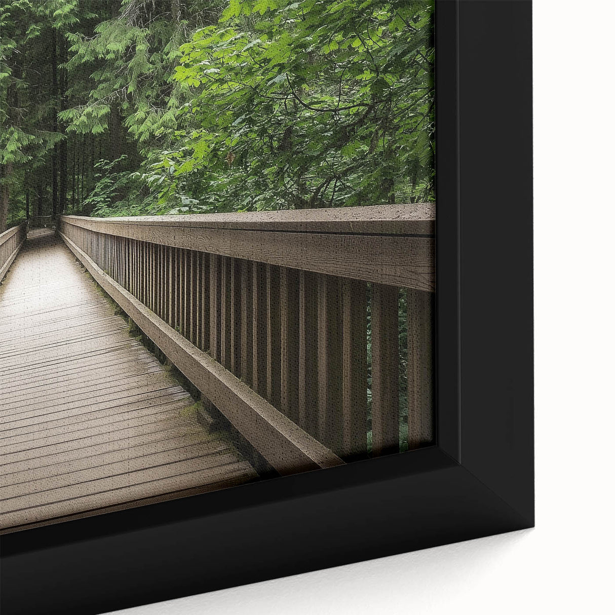 Close-up view of a framed canvas print showcasing a serene landscape bridge scene, with vibrant greens and blues, perfect for enhancing home decor with nature-inspired art.