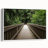Framed canvas artwork depicting a serene landscape bridge scene with lush greenery and a clear sky, showcasing a white frame that enhances the visual appeal.