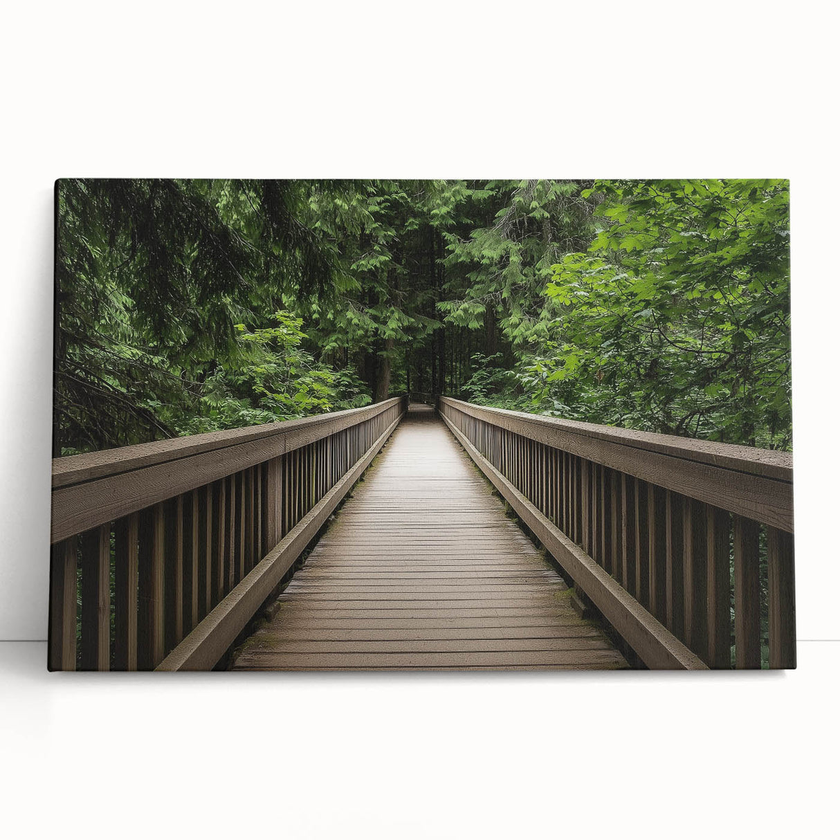Stretched canvas artwork depicting a serene landscape bridge scene, showcasing vibrant colors and intricate details, perfect for home decor or office settings.