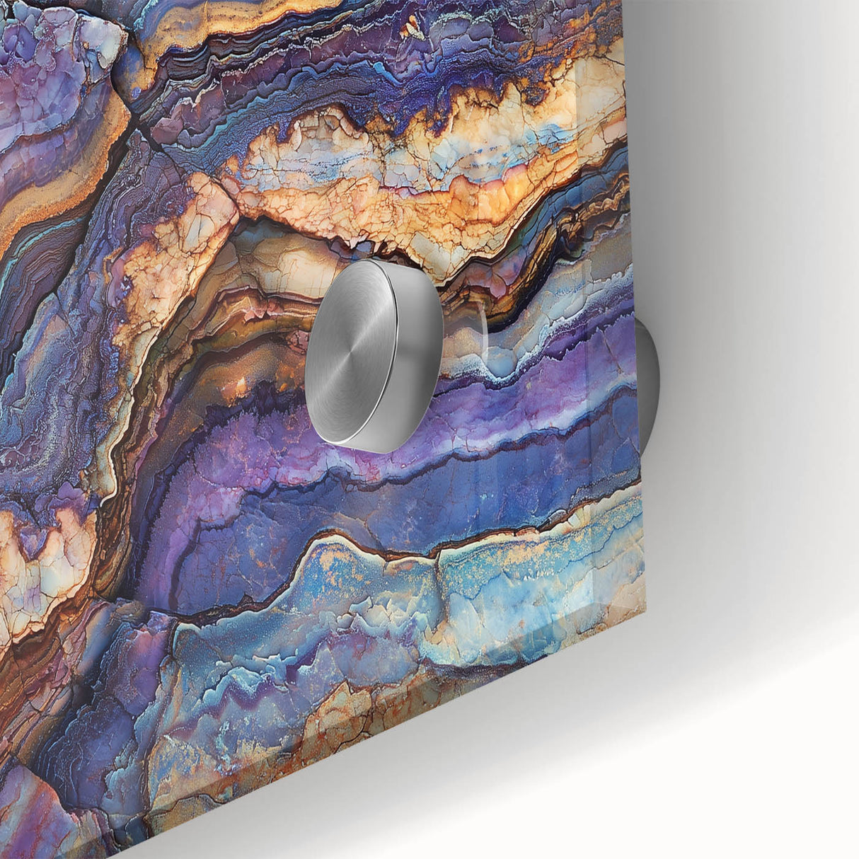 Close-up of an acrylic glass artwork showcasing vibrant landscape canyons with rich colors and intricate details, perfect for modern home decor.