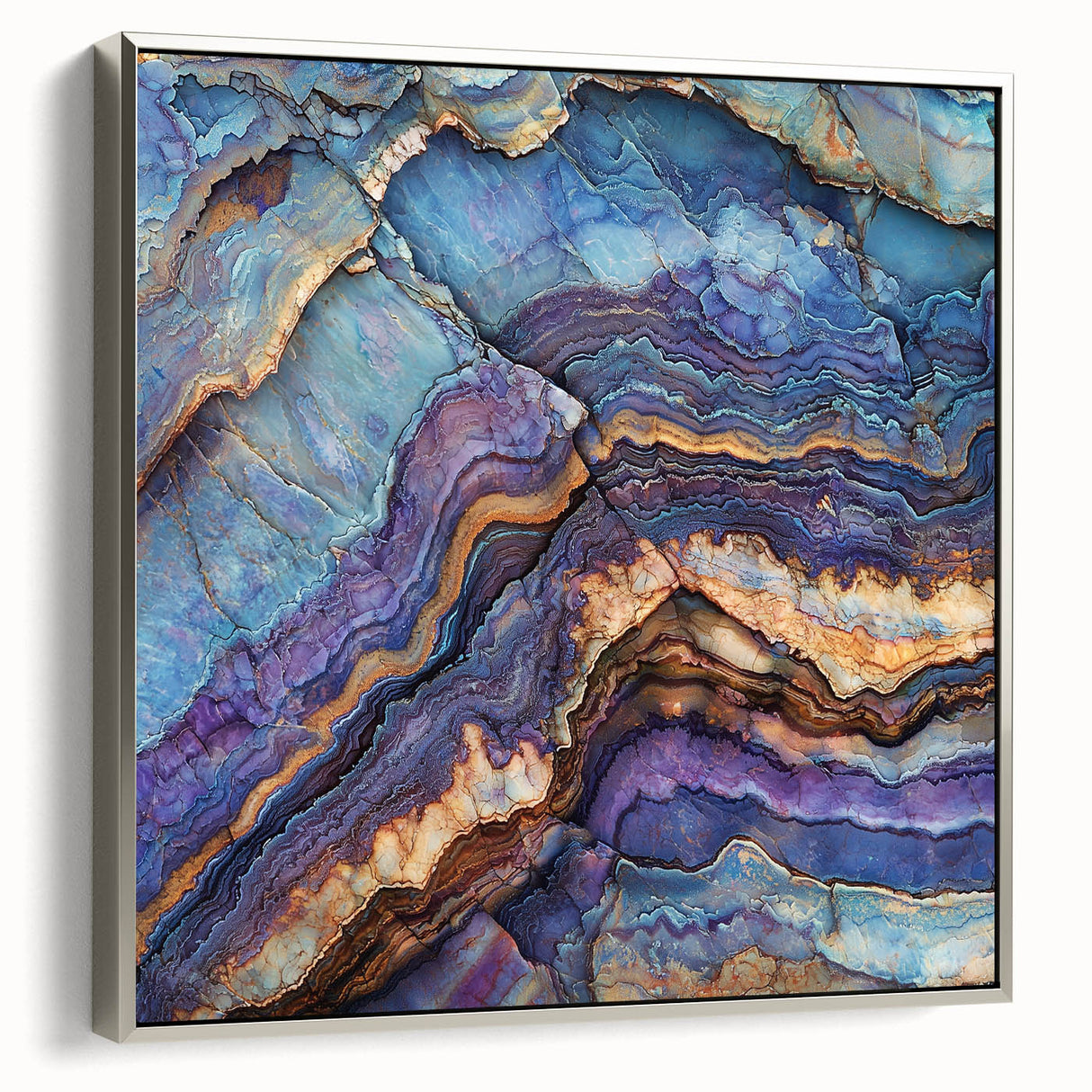 Framed canvas artwork showcasing a stunning landscape of canyons, presented from a side view with a sleek silver frame, ideal for enhancing modern home decor.