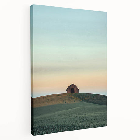 Stretched canvas artwork showcasing a serene countryside landscape with lush green fields and a clear blue sky, perfect for home decor and nature lovers.