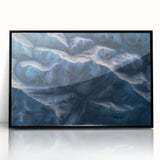 Framed acrylic artwork depicting a vibrant desert landscape with bold colors and intricate details, presented in a sleek black frame, ideal for modern decor.