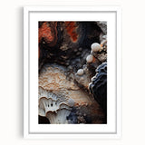 Abstract art print featuring close-up natural elements in muted earth tones on a white matted frame.