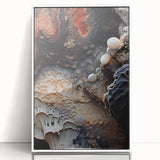 Art deco poster featuring close-up natural elements in muted green and white tones, framed in acrylic.