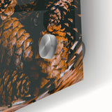 Large abstract wall art in warm autumn hues on acrylic glass, suited for dining room ambiance.