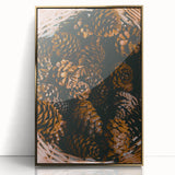 Mid-century modernist art depicting an abstract fall season in gold and orange tones, framed acrylic.