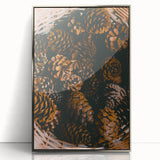 Mid-century modernist art depicting abstract fall foliage in muted orange and brown tones, framed in silver acrylic.