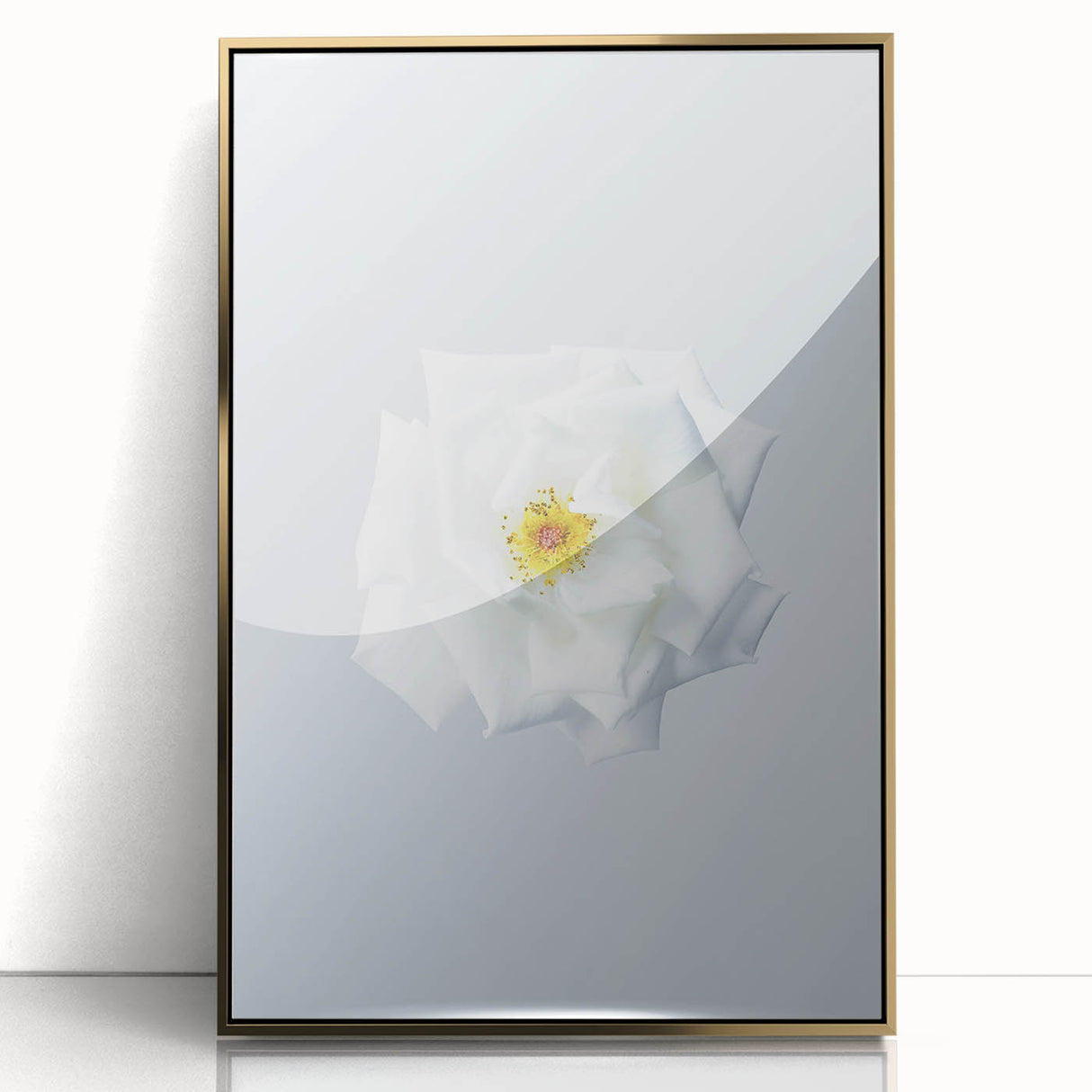 Mid-century modernist spring-themed large art print in a gold frame, featuring vibrant pastel colors.