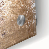 Large abstract wall art in bright orange and blue tones on acrylic glass, suitable for dining room ambiance.