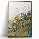 Large art print of Van Gogh's starry night in a silver frame on acrylic, featuring swirling blue and yellow tones.