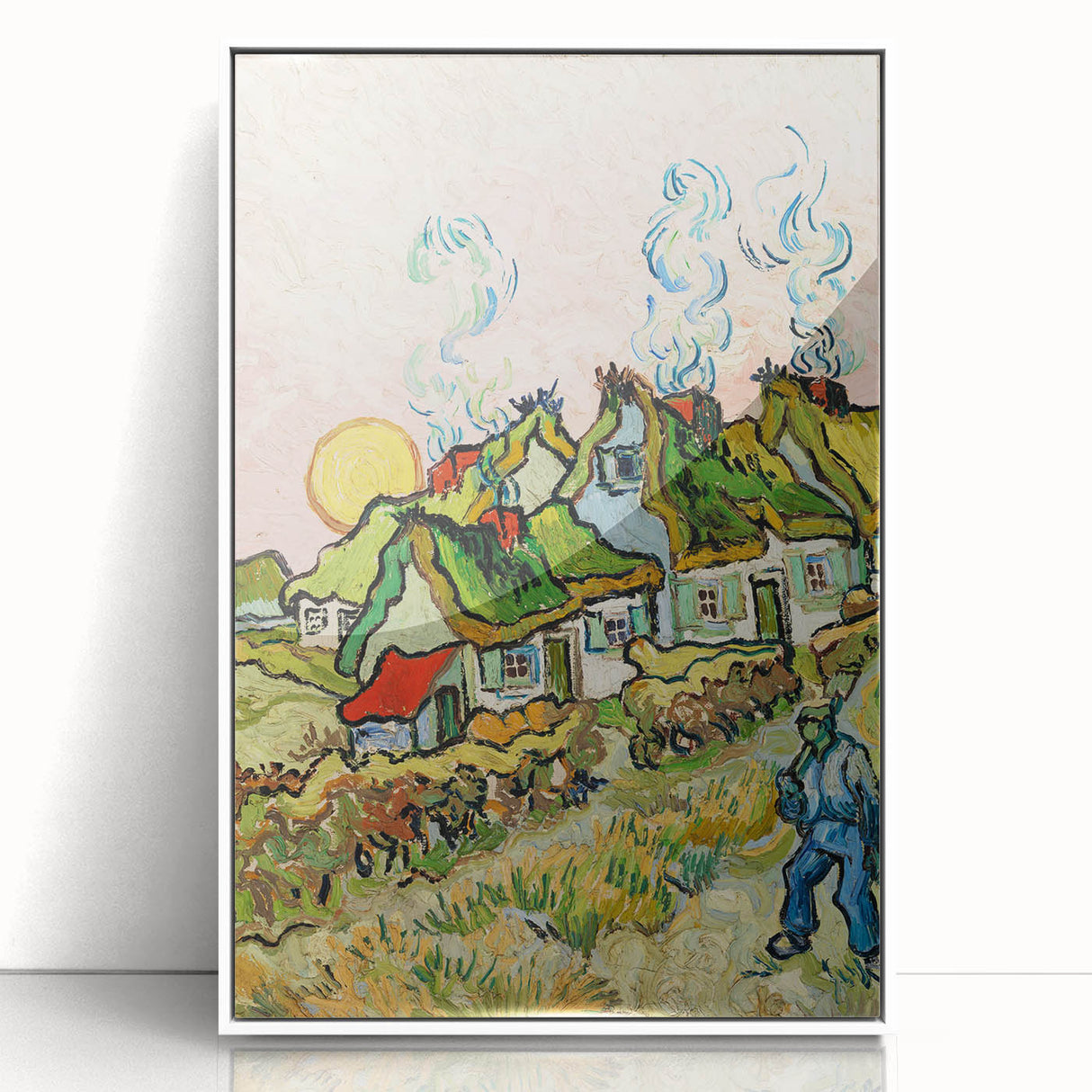 Mid-century modernist art depicting a stylized cityscape in muted gray and blue tones on a framed acrylic print.