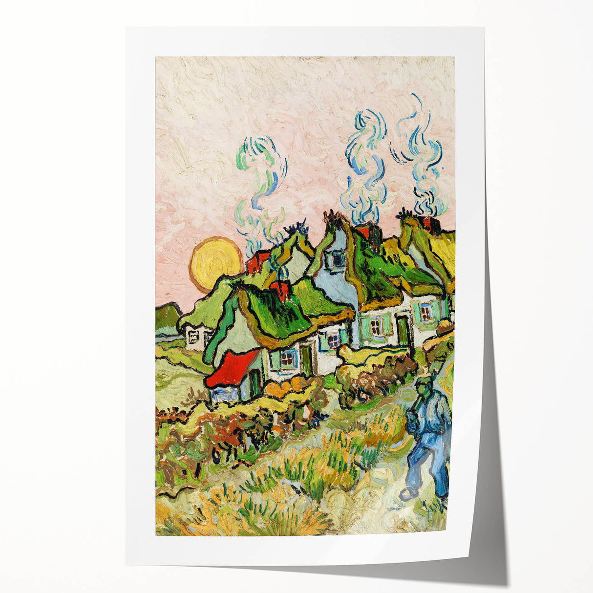 Vincent van Gogh-inspired floral art on a rolled canvas, featuring vibrant blue and yellow tones.