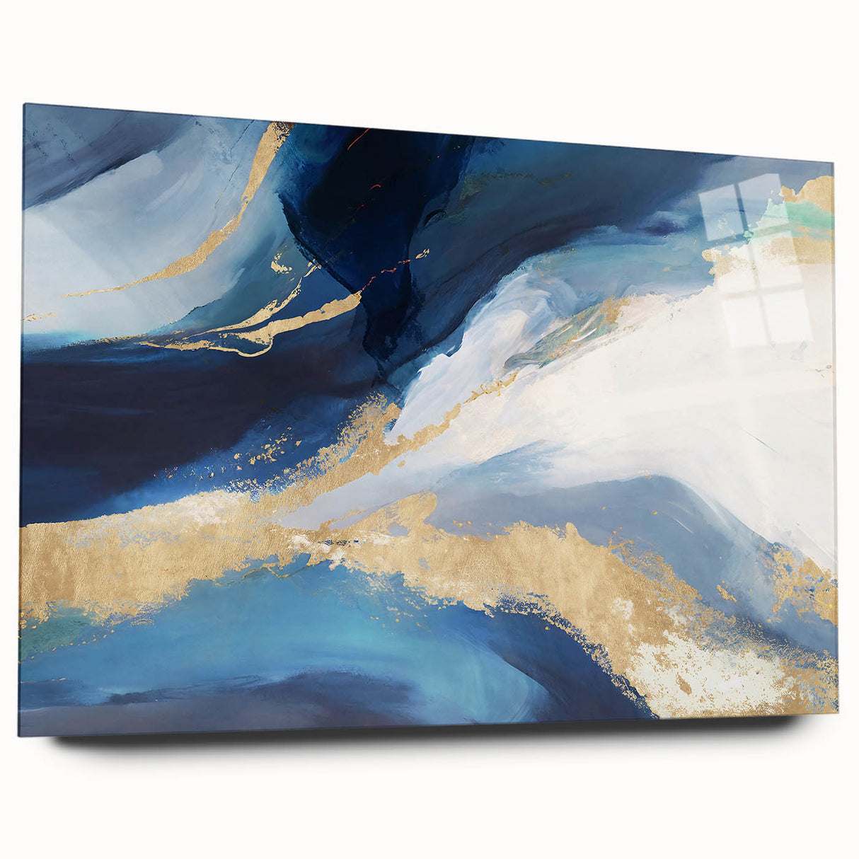 Abstract strokes wall art displayed on acrylic glass, showcasing vibrant colors and dynamic patterns, perfect for modern home decor. Side view highlights its sleek design and artistic flair, ideal for enhancing interior aesthetics.