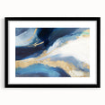 Abstract wall art featuring vibrant strokes of blue, orange, and yellow, framed in sleek black with a white mat, perfect for modern home decor.