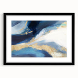 Abstract wall art featuring vibrant strokes of blue, orange, and yellow, framed in sleek black with a white mat, perfect for modern home decor.