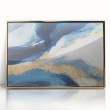 Framed abstract wall art featuring gold-accented strokes on an acrylic surface, perfect for modern home decor. Ideal for enhancing living spaces with elegance.