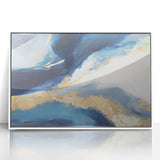 Framed abstract wall art featuring dynamic strokes in shades of blue, yellow, and white, perfect for modern home decor, adding a vibrant touch to any room.