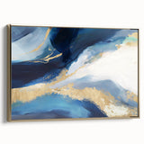 Framed abstract strokes wall art featuring a gold and white color palette, showcasing elegant brushstrokes on a canvas, ideal for modern home decor.