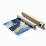 Abstract wall art print featuring vibrant strokes in shades of blue, orange, and yellow, showcasing a modern design ideal for contemporary home decor.