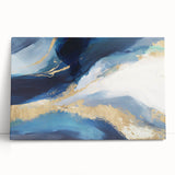 Abstract wall art featuring vibrant, colorful strokes on a stretched canvas, leaning against a wall. Ideal for modern home decor, this piece adds a dynamic touch to any room.