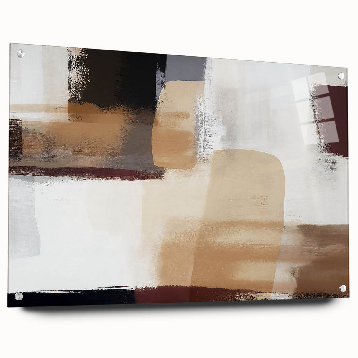 Abstract strokes wall art print in acrylic glass, showcasing vibrant colors and modern design, displayed from a side view with decorative pins. Perfect for contemporary home decor.