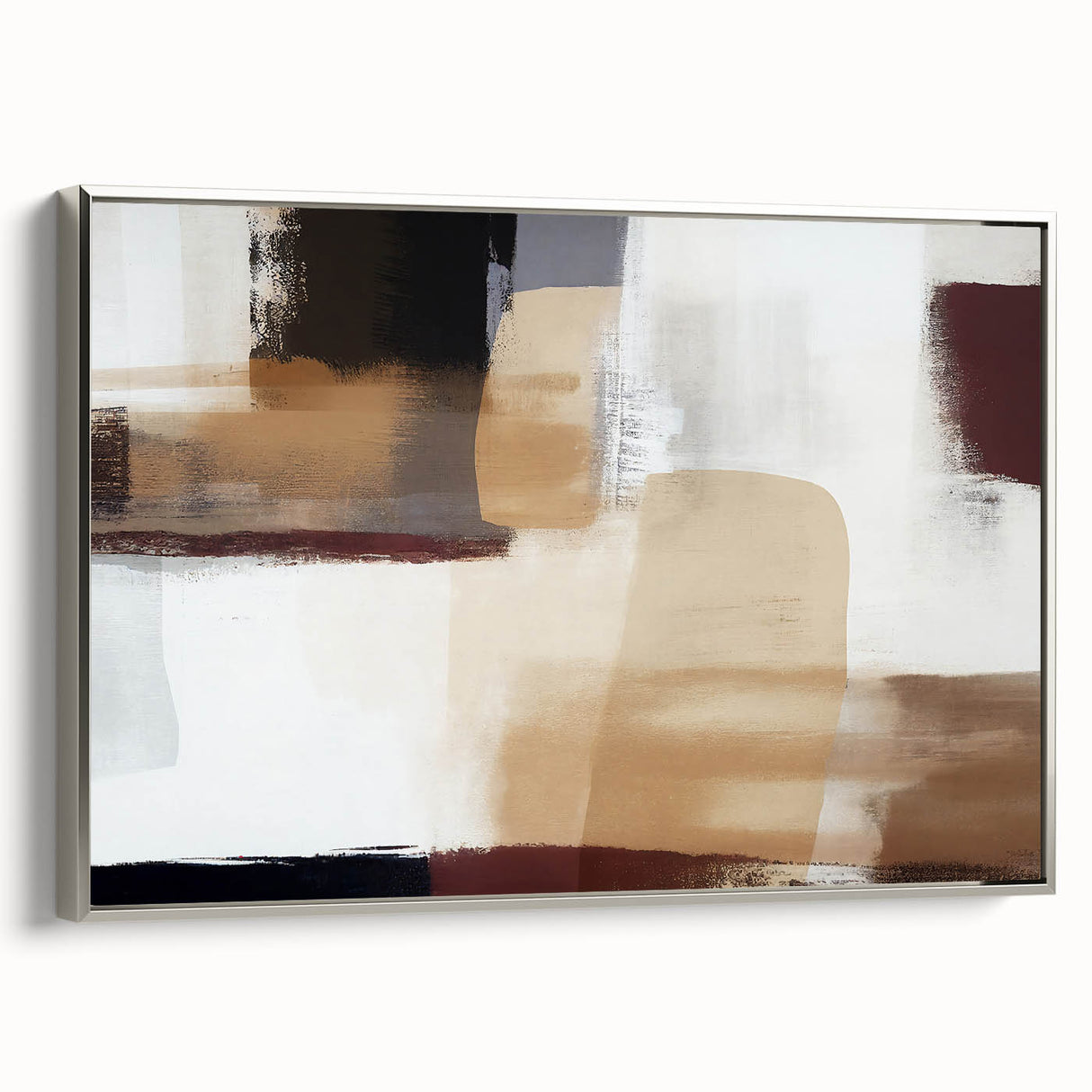 Framed abstract strokes wall art on canvas showcasing silver accents, displayed in a modern setting with elegant lines and dynamic colors, perfect for contemporary decor.