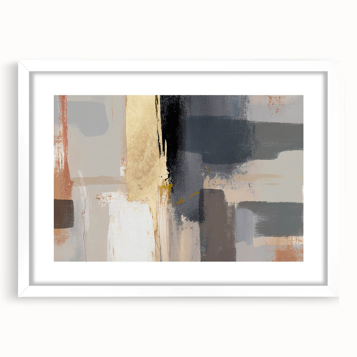 Abstract wall art featuring bold, colorful strokes in a sleek white frame with a mat, ideal for modern home decor and artistic enhancement of any space.