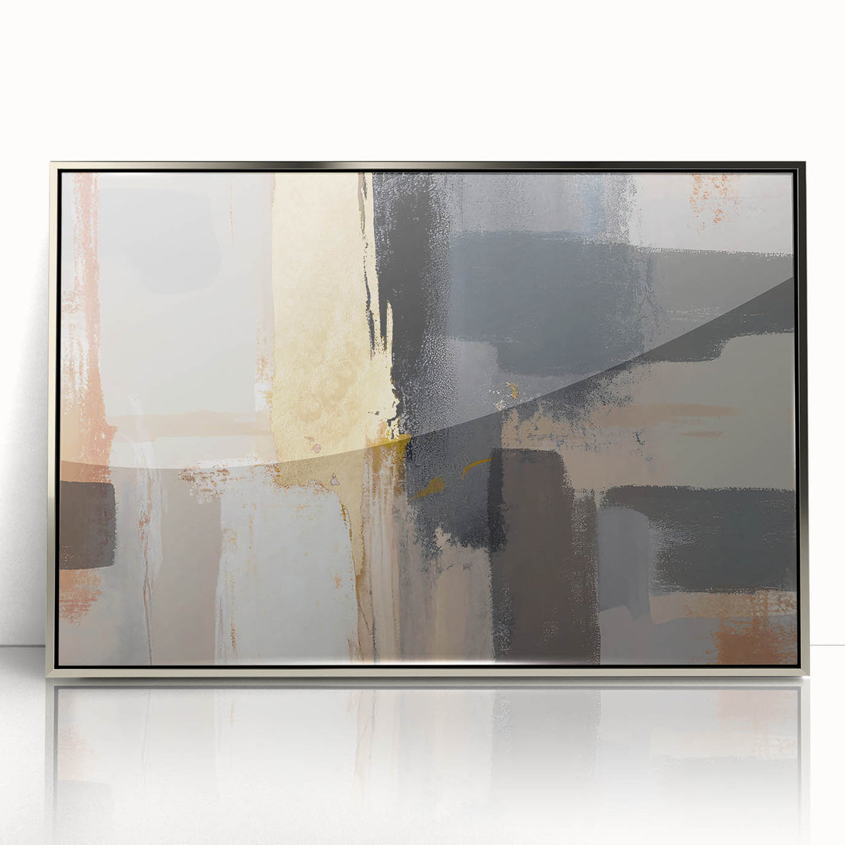 Framed abstract strokes wall art in silver, showcasing dynamic brushwork and vibrant colors, perfect for modern home decor or office spaces.