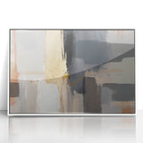 Framed abstract wall art featuring colorful strokes in various shades of blue, pink, and gold, set against a white background for a modern decor touch.