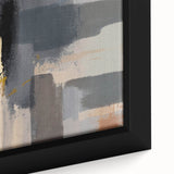 Close-up of a framed canvas wall art piece showcasing vibrant abstract strokes in shades of blue, orange, and gold, perfect for modern home decor.