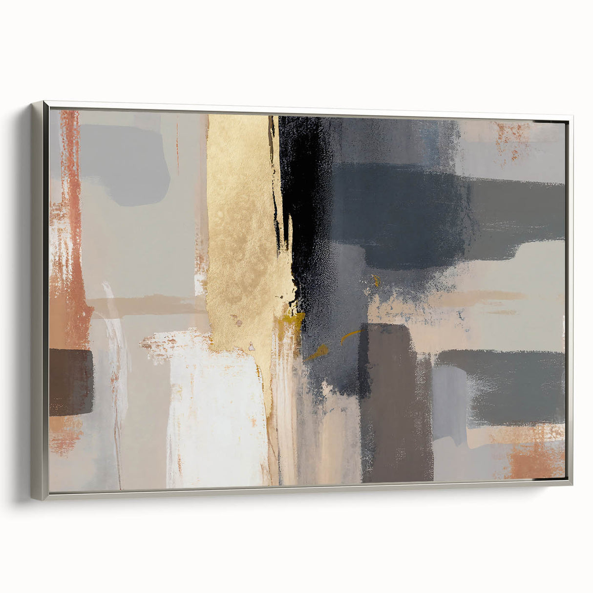 Framed abstract wall art featuring textured strokes in shades of blue and gold, elegantly displayed with a sleek silver frame, ideal for modern home decor.