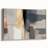 Framed abstract wall art featuring textured strokes in shades of blue and gold, elegantly displayed with a sleek silver frame, ideal for modern home decor.