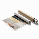 Abstract wall art print showcasing vibrant strokes in shades of blue, orange, and gold, rolled for easy shipping, perfect for modern home decor.