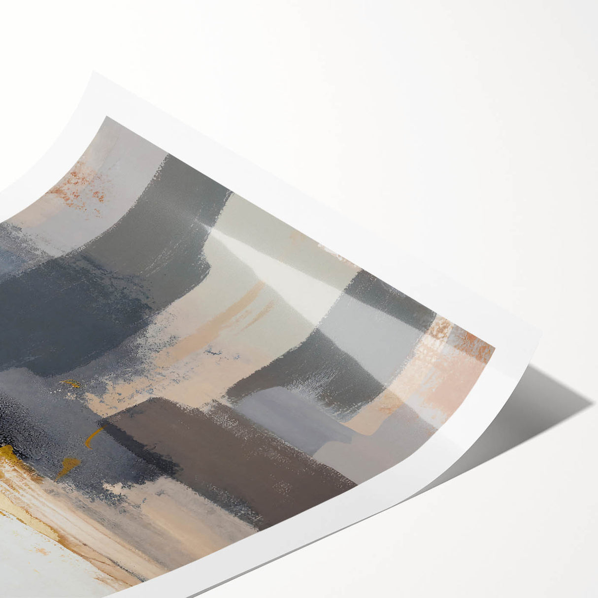 Abstract wall art print showcasing vibrant strokes in shades of blue, pink, and gold, designed for modern home decor, rolled and ready for framing.
