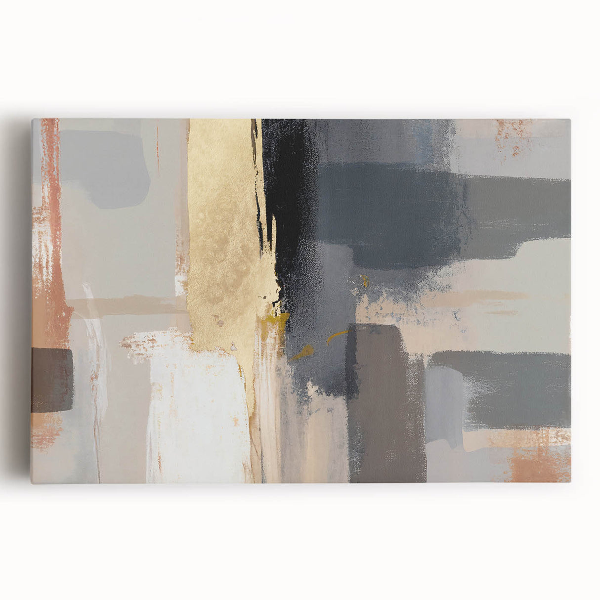Abstract strokes in vibrant colors adorn a stretched canvas wall art piece, showcasing a modern design perfect for contemporary decor. Ideal for adding energy and creativity to any space.